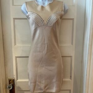 Marciano beige leather knit stretch bodycon dress with crochet neckline size XS